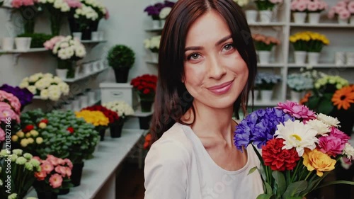 Woman Holding Spring Flower Bouquet At Florist Shop, Fresh And Vibrant Scene Video 4K