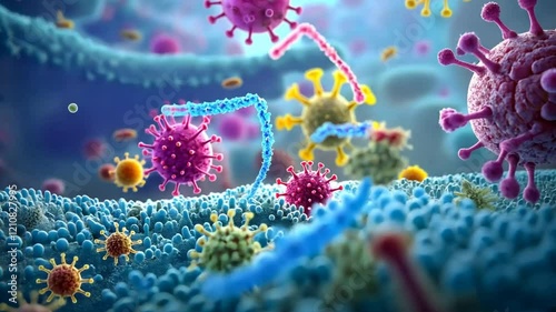 Microscopic World of Viruses: A 3D illustration depicting a vibrant and detailed microcosm of viruses in a cellular environment.