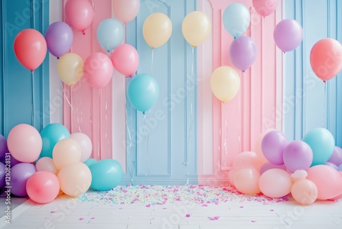 Pastel balloons, party backdrop, studio, confetti floor, photoshoot