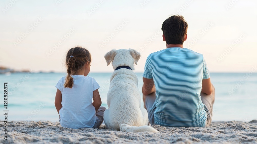 Family Bonding Moments at the Beach with a Dog Watching the Sunset Together Family Bonding Moments at the Beach with a Dog Watching the Sunset Together