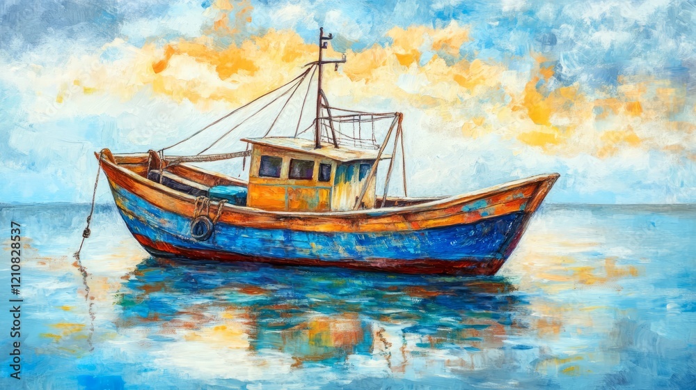 Traditional wooden fishing boat on calm water, peaceful and serene, bright and colorful, rustic and authentic, high detail and inviting Traditional wooden fishing boat on calm water, peaceful and serene, bright and colorful, rustic and authentic, high detail and inviting