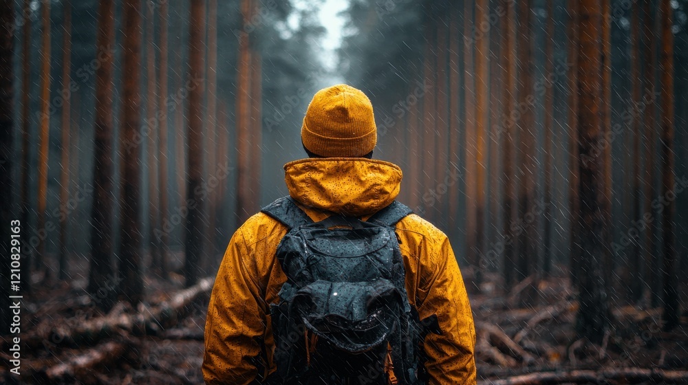 Hiking through a misty forest in autumn with a yellow raincoat and backpack Hiking through a misty forest in autumn with a yellow raincoat and backpack