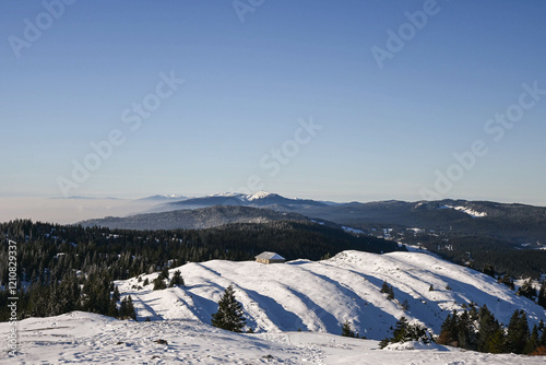 winter mountain landscape overlooked by a swiss alpine hut cabin in winter snow in the wilderness of the Jura in the Canton of Vaud