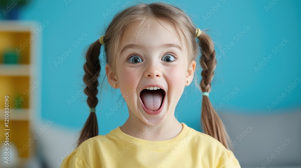 Amazed girl, indoor portrait, blue background, home Amazed girl, indoor portrait, blue background, home