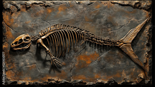 A breathtaking fossilized depiction of a mysterious aquatic reptile, with dynamic rib cage curvatures and flow-like skeleton arrangement, preserved in rugged slate photo