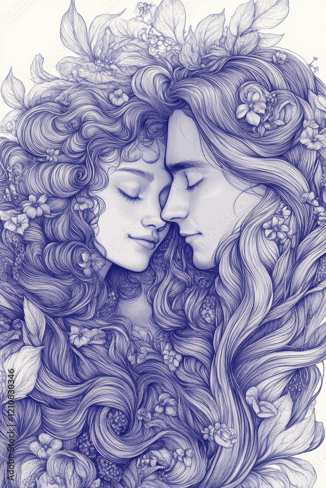 Graceful Illustration of Two People with Intertwined Flowing Hair and Floral Elements Exuding Serenity and Connection in an Artistic Style Graceful Illustration of Two People with Intertwined Flowing Hair and Floral Elements Exuding Serenity and Connection in an Artistic Style