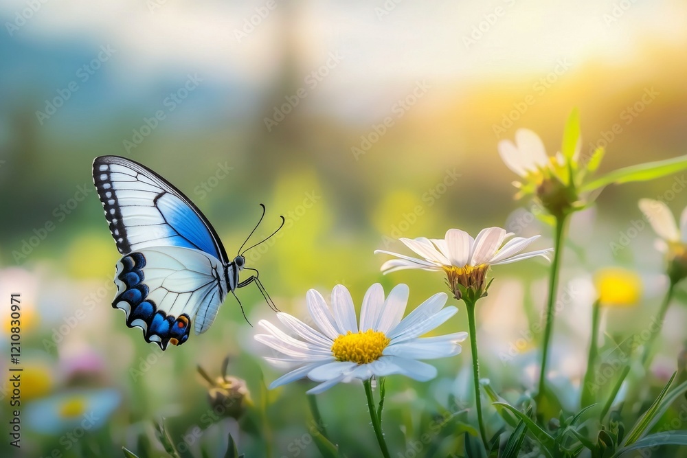 Butterfly is flying over a field of flowers Butterfly is flying over a field of flowers