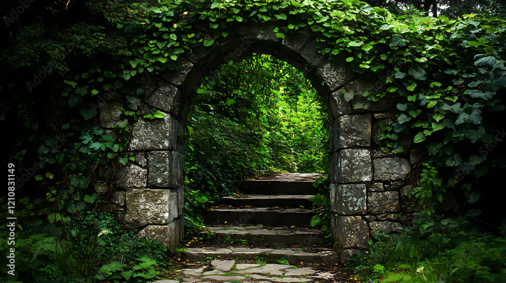 Stone archway leading into verdant forest a lush mystical entrance with ivycovered walls and stone steps the path beckons into the deep green shadows. Whispering Woods. Illustration Stone archway leading into verdant forest a lush mystical entrance with ivycovered walls and stone steps the path beckons into the deep green shadows. Whispering Woods. Illustration