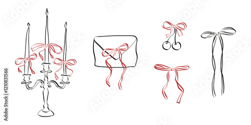 Hand drawn line art of coquette aesthetics elements. Vintage candle with ribbon and bow in simple crayon and sketch style. Symbols for Valentine day and invitations. Doodle vector illustration