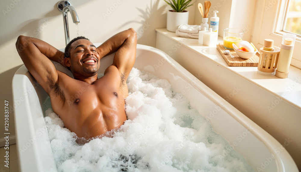 Black man enjoying relaxing bubble bath, bright home bathroom, tranquility Black man enjoying relaxing bubble bath, bright home bathroom, tranquility