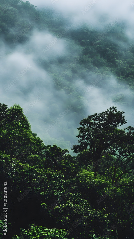Obraz premium Majestic Misty Forest Canopy in Lush Verdant Landscape : Generative AI