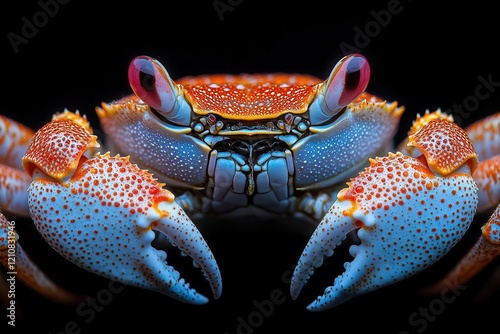 closeup portrait of vibrant red crab against black background showing intricate shell details and expressive eye stalks photo