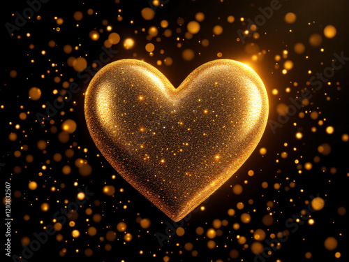Golden sparkling heart with glittering bokeh lights on a dark background.
