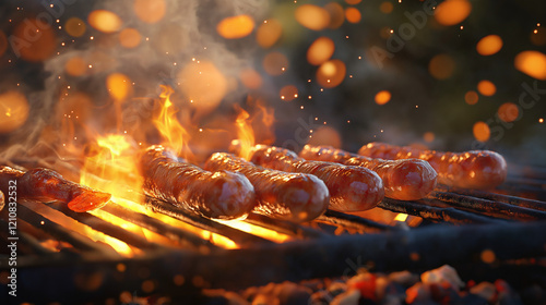 Sizzling Würstchen auf dem Grill mit rauchigen Flammen und Glanz

 photo