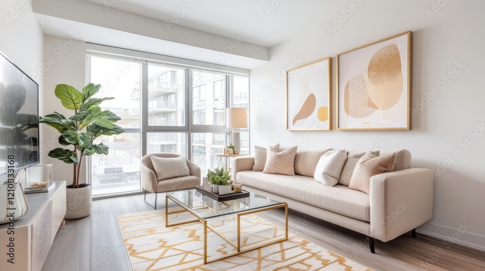 Fototapeta premium Modern living room with beige sofa, large windows, and stylish decor. Perfect for relaxation and entertaining.