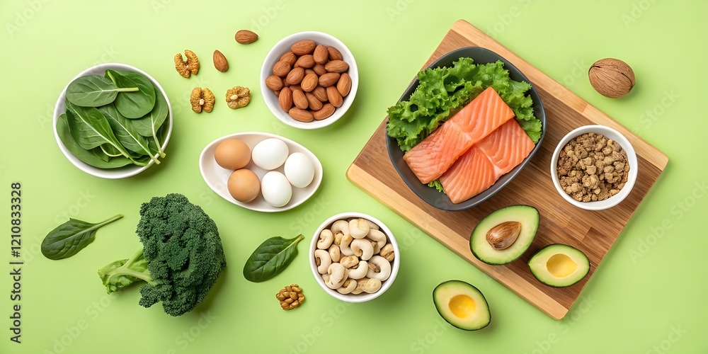 Naklejka premium Flat lay composition of various healthy food items on a bright lime green background. Assorted fresh produce, nuts, and proteins arranged in an organized, symmetrical pattern. Salmon fillet, kale, spi