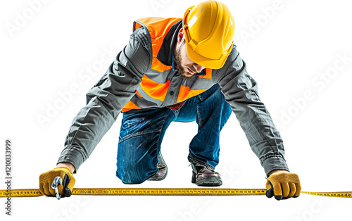 Construction worker measuring with a tape measure at a construction site for precise work Isolated on Transparent background PNG photo