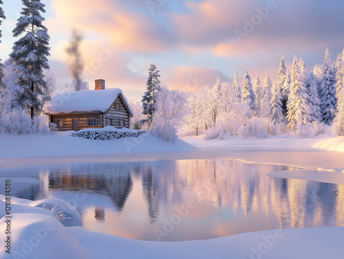 Idyllische Winterlandschaft mit Hütte am gefrorenen See

 photo