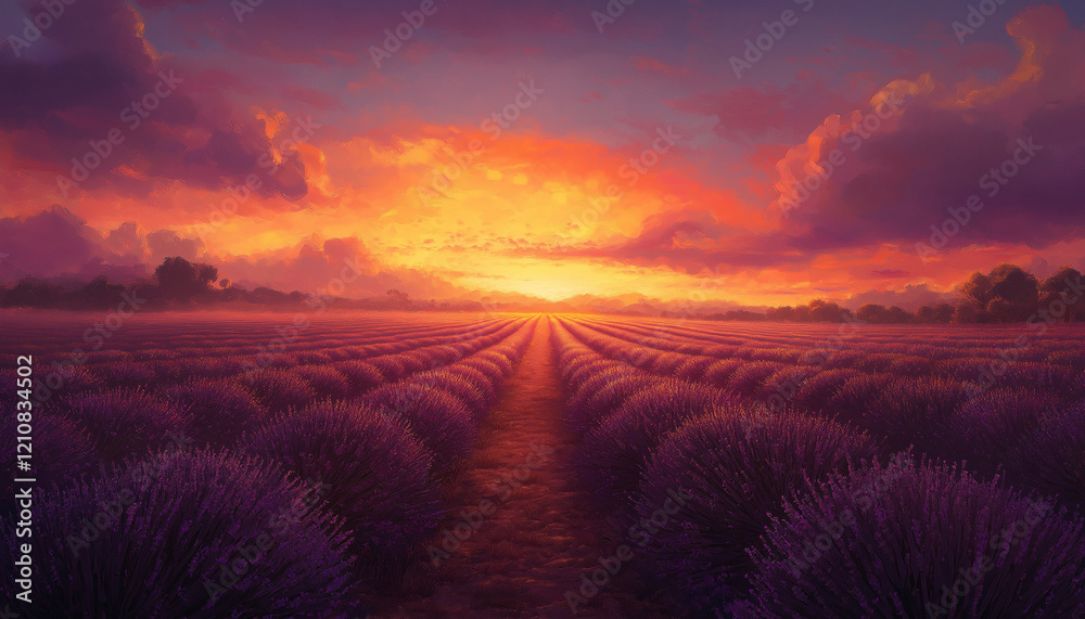 Fototapeta premium Lavendelfeld bei Sonnenuntergang mit strahlenden Farben