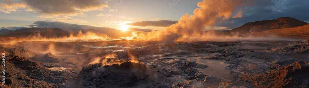 Fototapeta premium Vulkanlandschaft im Sonnenuntergang mit dampfenden Quellen