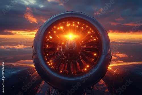 closeup view of a vintage airplane engine bathed in the warm hues of a sunset highlighting the intricate details and craftsmanship of aviation history against a breathtaking backdrop photo