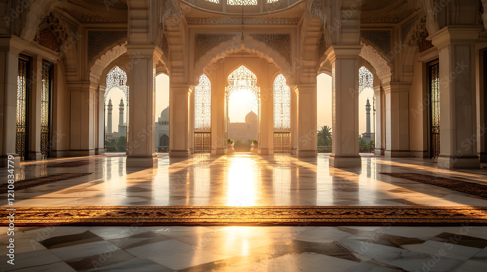 Obraz premium Gorgeous Morning Sunlight in Grand Mosque Hall with Intricate Archways : Generative AI