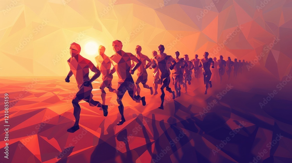 Fototapeta premium Group of people running, low poly vector illustration. Keyword geometric runner.