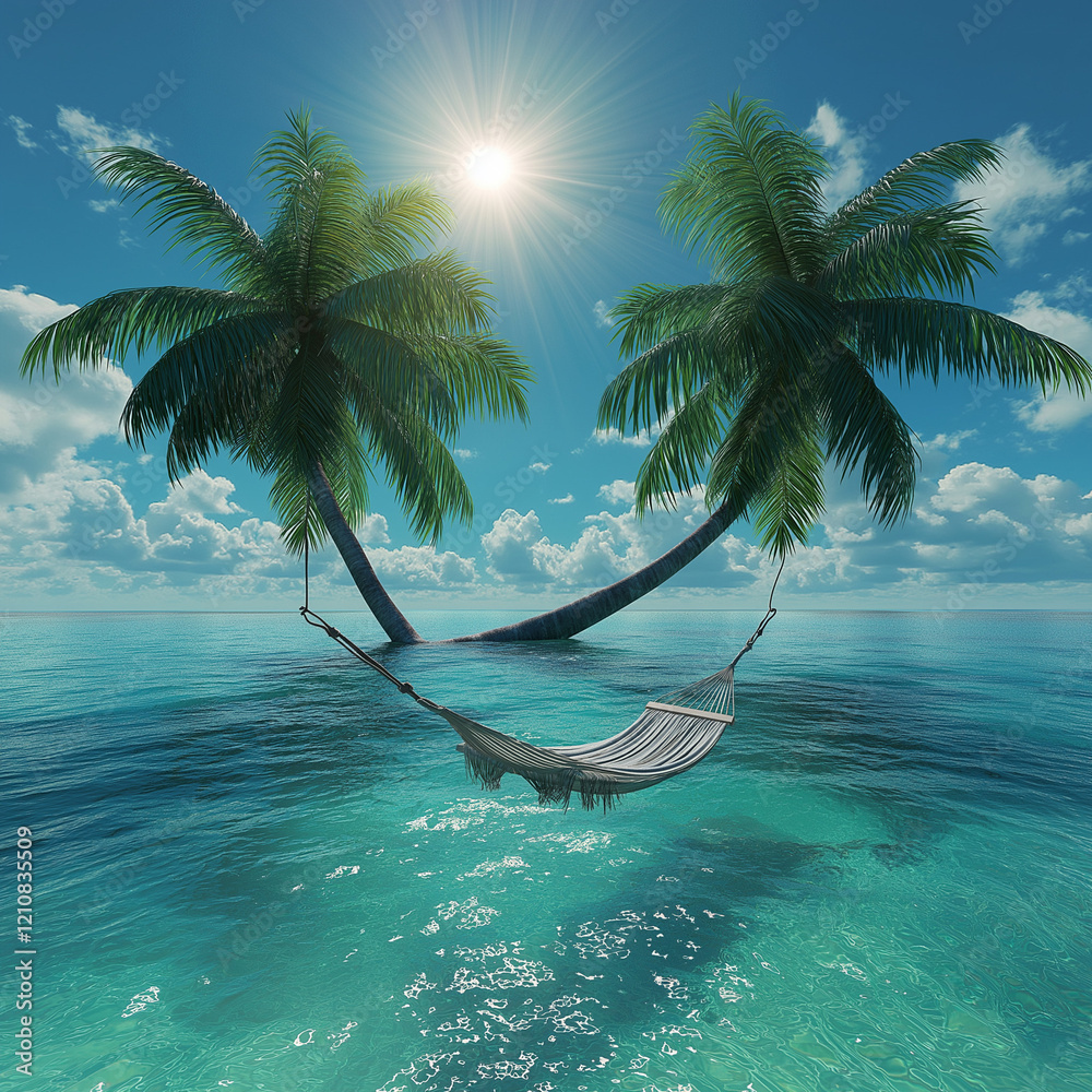 Fototapeta premium Hängematte zwischen Palmen am sonnigen Meer