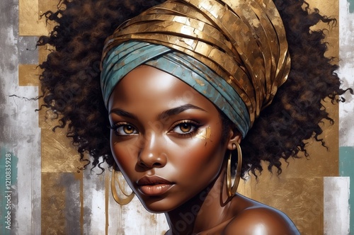 Colorful abstract artistic portrait painting of a black woman, african culture.

