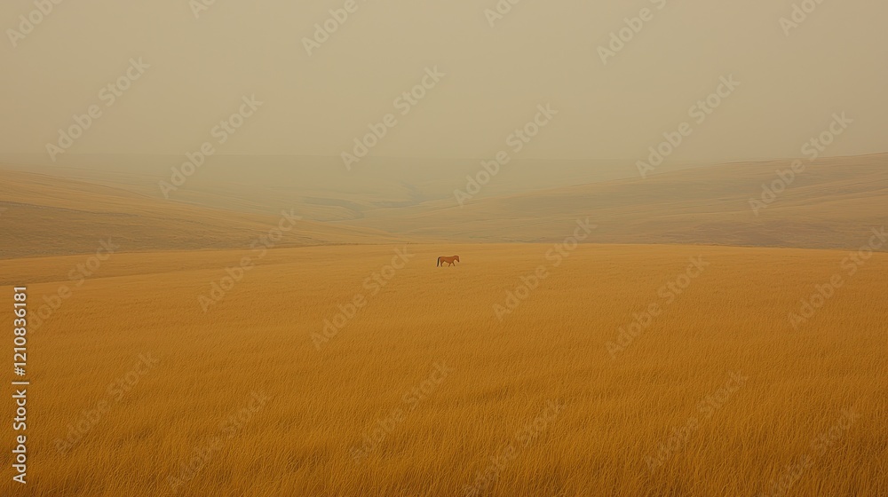 Obraz premium Lone horse in hazy field, rolling hills background; nature photography