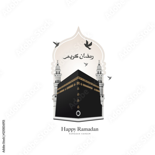 Ramadan Kareem greeting card with Kaaba vector and minarets on Islamic shape design for hajj and Eid Adha Mubarak, Isra'a and Mi'raj
