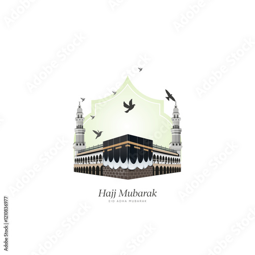 Ramadan Kareem greeting card with Kaaba vector and minarets on Islamic green shape design for hajj and Eid Adha Mubarak, Isra'a and Mi'raj