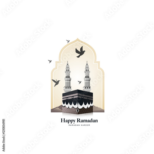 Ramadan Kareem greeting card with Kaaba vector and minarets on Islamic brown shape - old design for hajj and Eid Adha Mubarak, Isra'a and Mi'raj