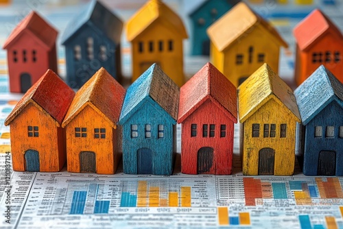 collage of diverse houses representing the housing market creatively arranged against a backdrop of financial graphs and statistics conveying growth and diversity