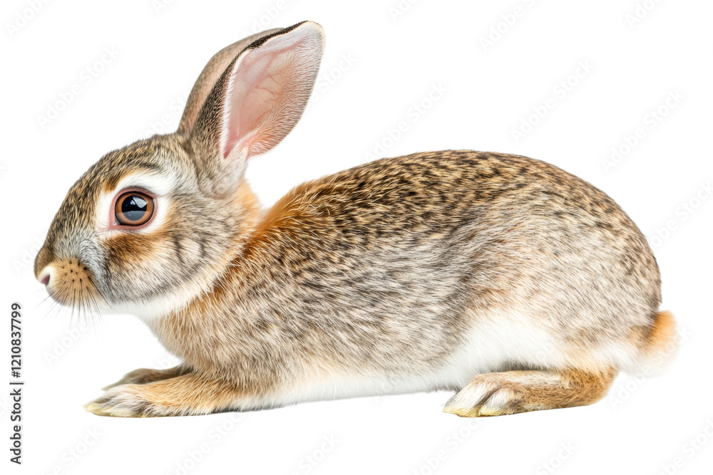 Obraz premium Rabbit is laying down on a white background