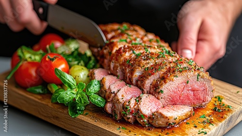 Sliced roasted pork tenderloin with cherry tomatoes and basil. Food photography for recipe websites or cookbooks photo