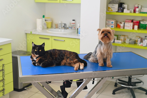 Un chien et un chat tranquilles sur la table d'examen chez le vétérinaire