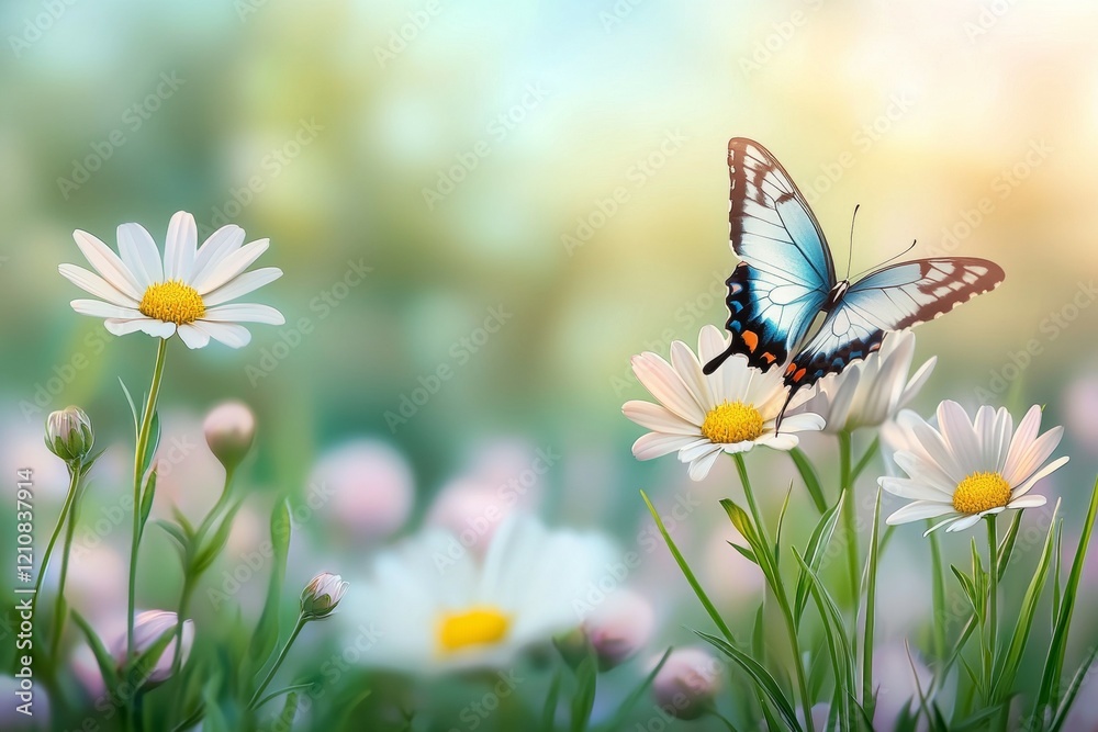 Butterfly is flying over a field of white flowers Butterfly is flying over a field of white flowers