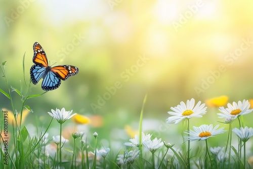 Butterfly is flying over a field of flowers