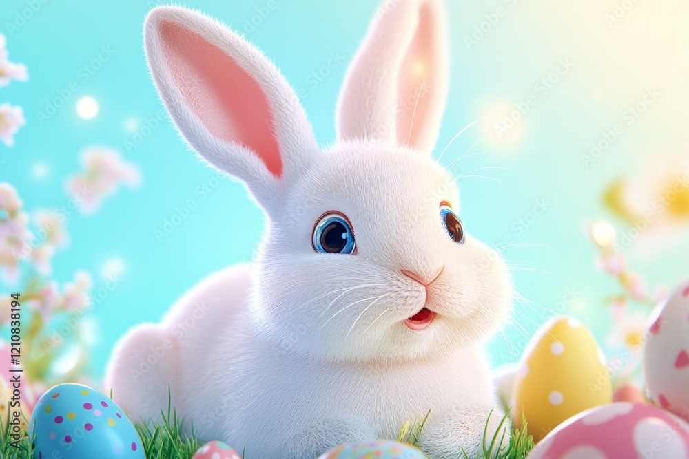 Cartoon rabbit is laying in a field of Easter eggs Cartoon rabbit is laying in a field of Easter eggs