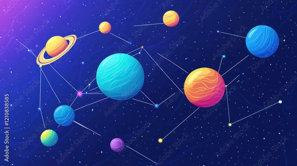 Fototapeta premium Colorful cartoon planets connected by lines in outer space.
