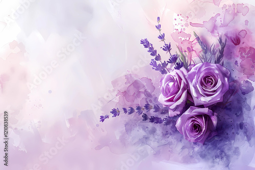 watercolor image of a wedding bouquet of purple roses and lavender on a soft purple background with free space on the right for inserting text