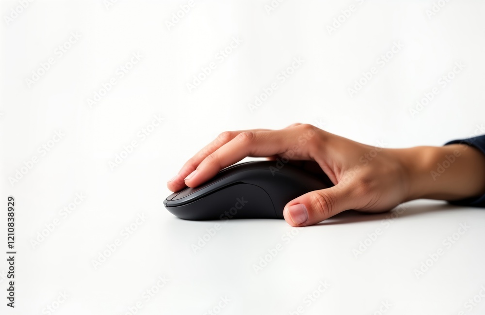 Hand uses wireless computer mouse on white surface. Person working with tech device. Modern tech concept. Focus on input device. Image suitable for business tech articles. Hand positioned on top of Hand uses wireless computer mouse on white surface. Person working with tech device. Modern tech concept. Focus on input device. Image suitable for business tech articles. Hand positioned on top of