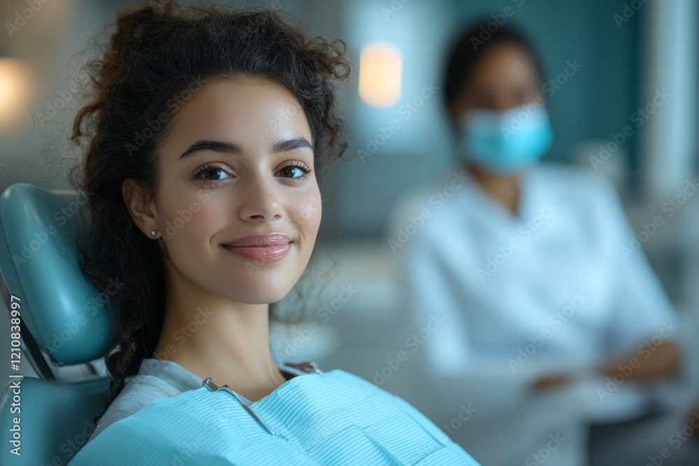 Fototapeta premium Patient smiles confidently while sitting in the dentist chair for an exam. Generative AI