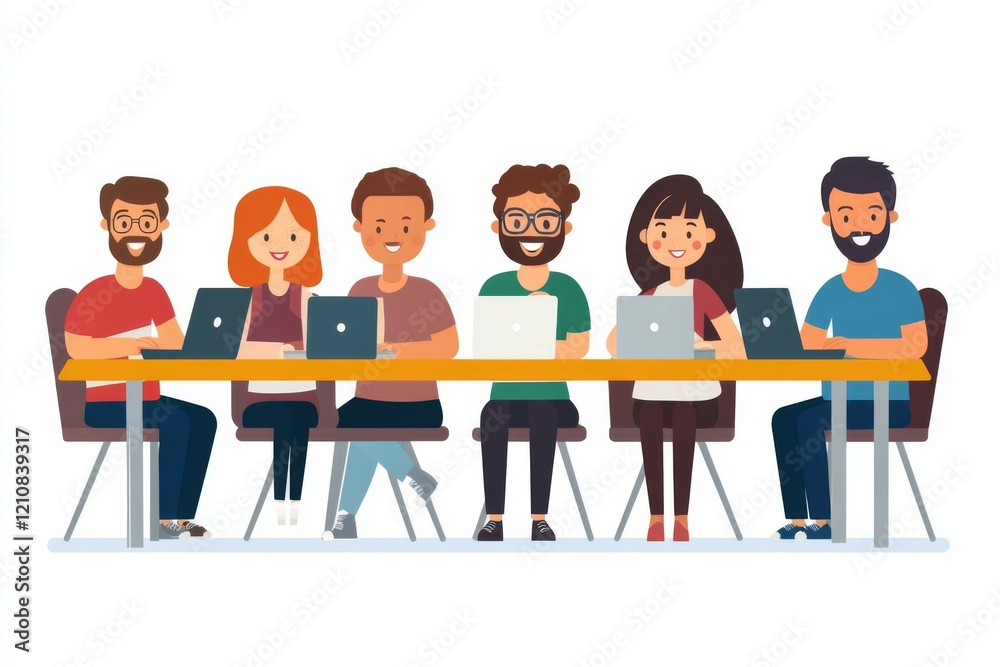 A group of seven individuals work together with laptops at a table. Generative AI A group of seven individuals work together with laptops at a table. Generative AI