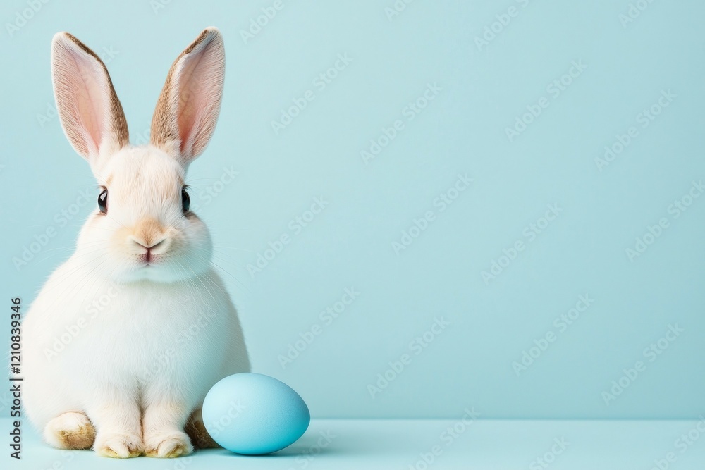 Fototapeta premium White rabbit is sitting on a blue surface with a blue egg in front of it