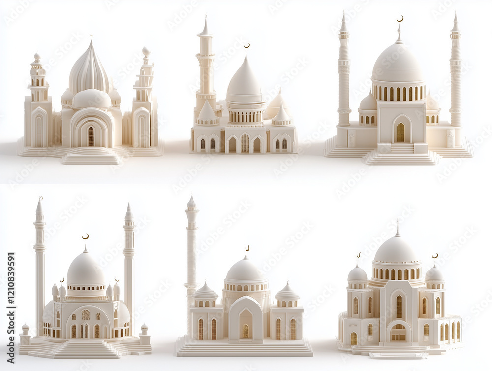 Obraz premium Icônes de mosquées en 3D sur fond blanc