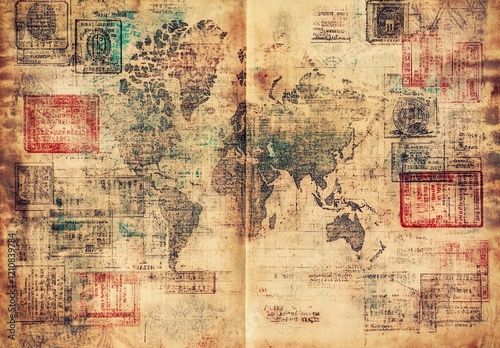 Wallpaper Mural Passport visas stamps on sepia textured vintage travel Torontodigital.ca