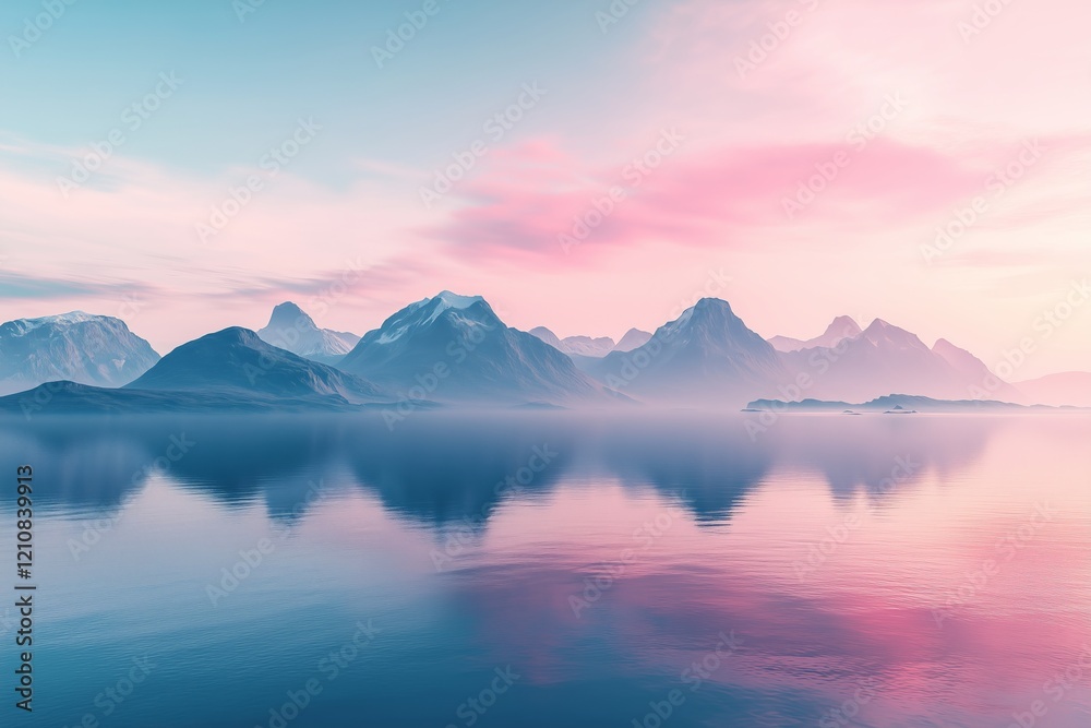 3d render, abstract landscape background. Panoramic scenery. Seascape with calm water and mountains under the pink blue sky, fantasy wallpaper 3d render, abstract landscape background. Panoramic scenery. Seascape with calm water and mountains under the pink blue sky, fantasy wallpaper