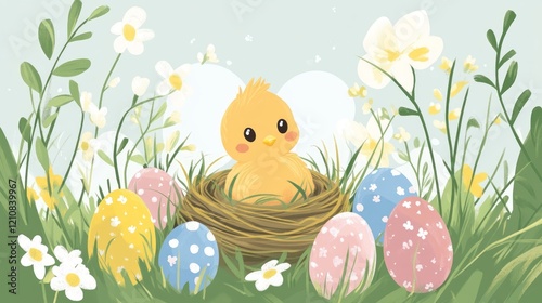 flat soft gentle illustration of small, cozy nest with baby chick peeking out, surrounded by few Easter eggs, soft grass, and delicate flowers